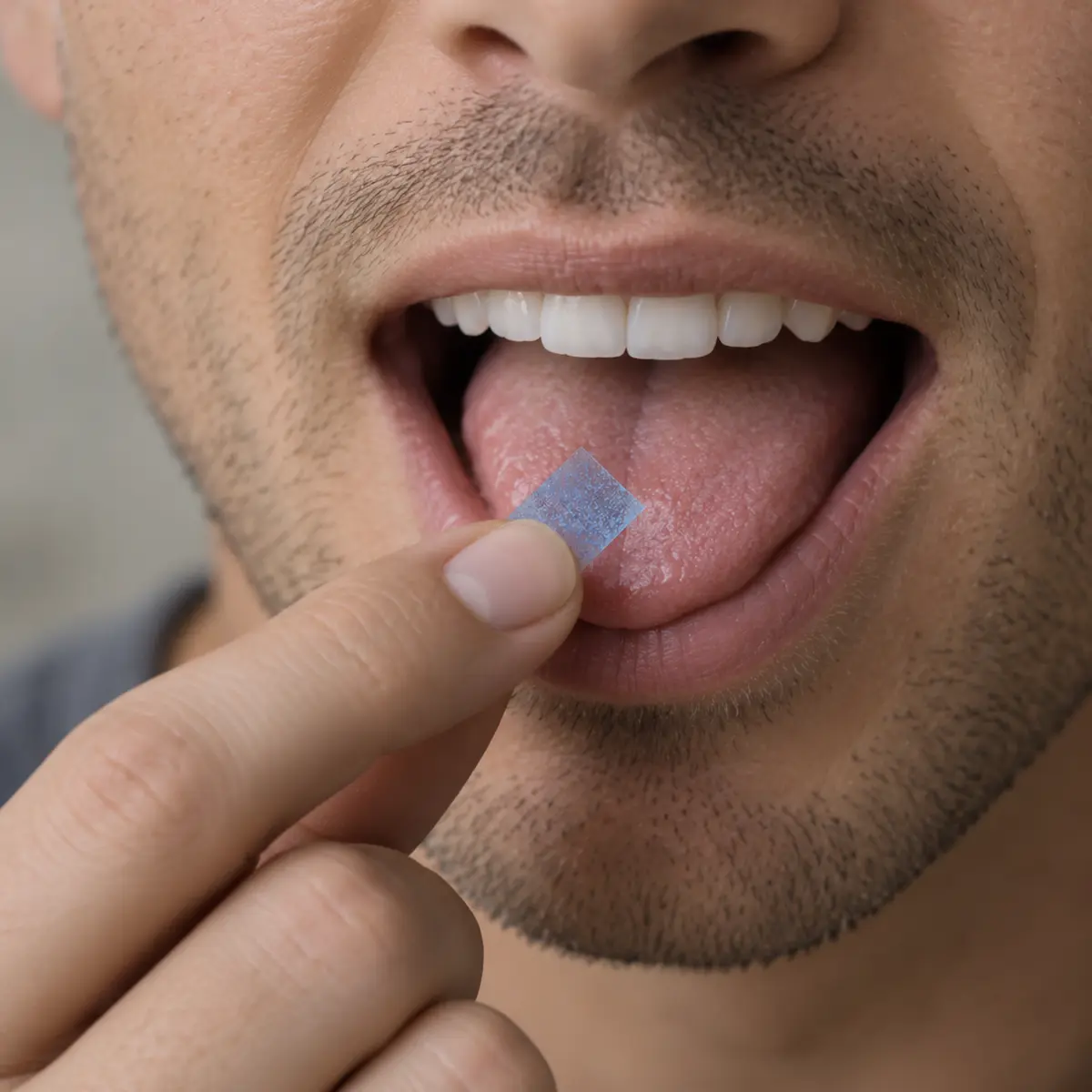 Close-up of a person placing a small, translucent blue square onto their tongue with their fingers.